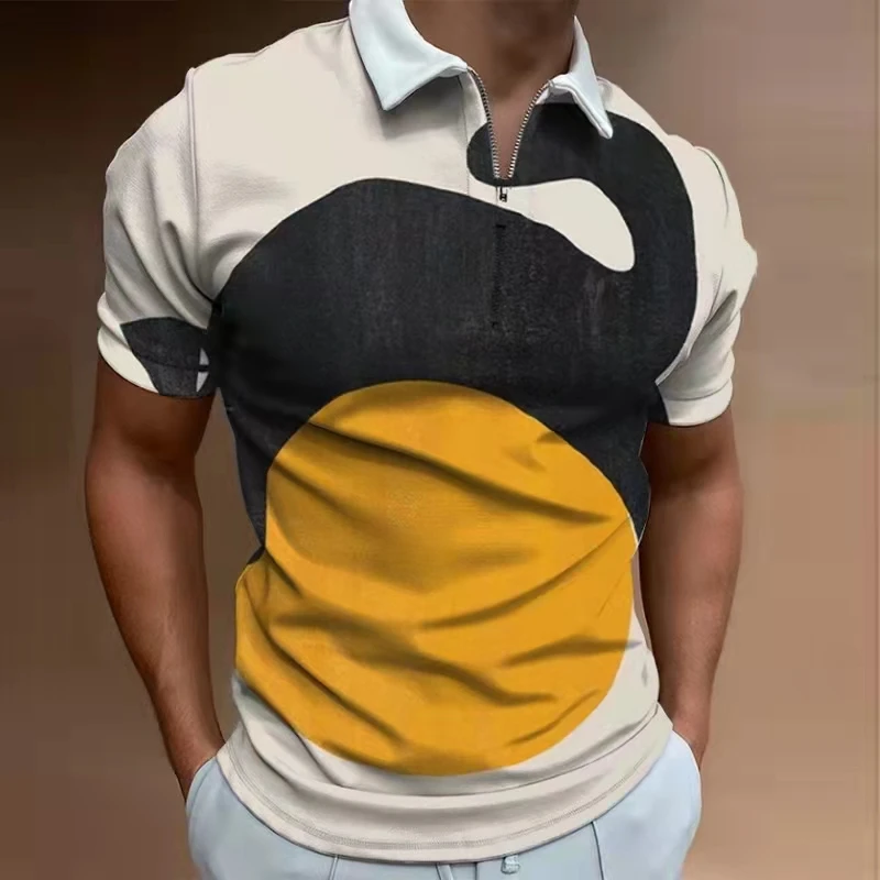 

Summer Men's Polo Shirt New Men's Clothing Casual Fashion Printed Polo Shirts Turn-down Collar Zipper Design Short Sleeve Tops