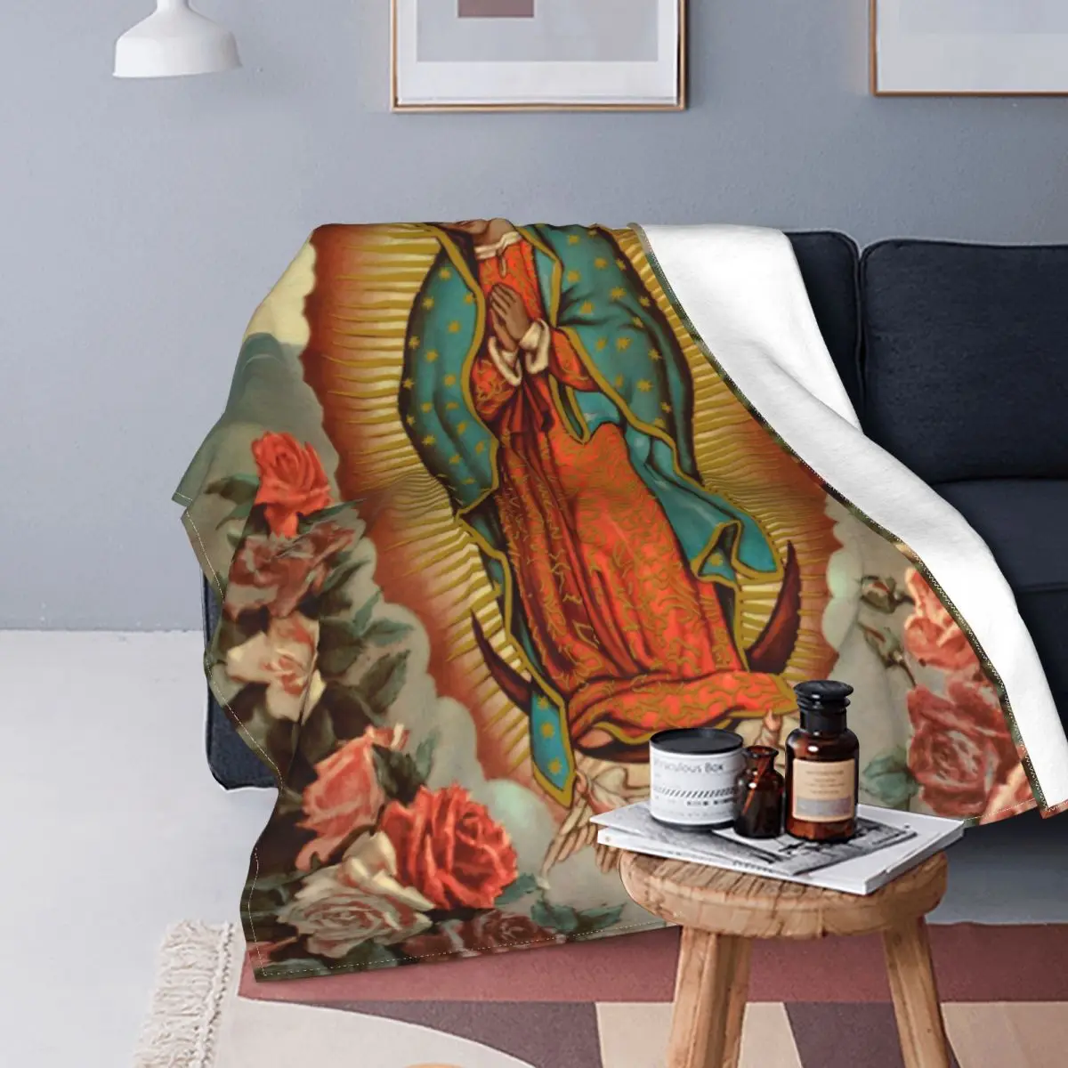 

Manta de franela de la Virgen María mexicana de Nuestra Señora de Guadalupe, manta Vintage de franela católica para silla que cu