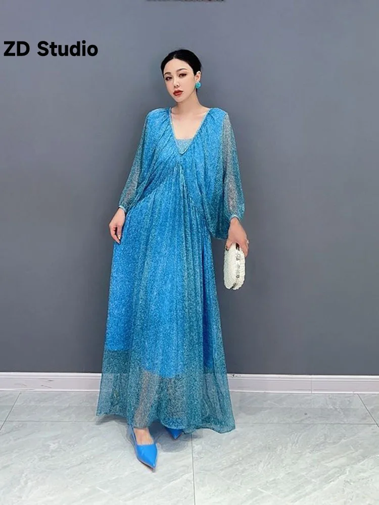 

[ZD Studio] 2023 Summer New Korean Printed Chiffon V-Neck Bat Sleeves Show Thin Dress Show White Fashion Large Women's Wear