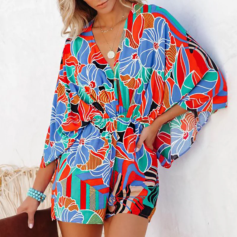 TSACTE 2023 Summer New Fashion Mid Sleeve Printed Jumpsuit,Women'S V-Neck Bat Sleeve Jumpsuit Shorts,Holiday Jumpsuit