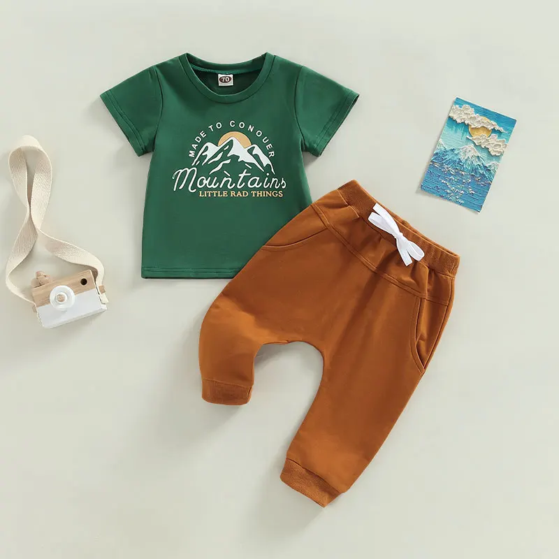 

Fashion Baby Boys Clothing Graphic Letter Print Short Sleeve Cotton T-shirts+Solid Pocket Pants Outfits Clothes Newborn Sets