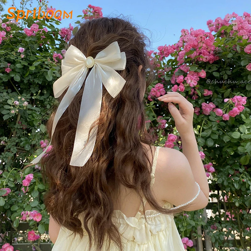

Fairy Bowknot Hairpins Large Pearl Aesthetic Bow Hairclips Long Ribbon Headwear Duckbill Clips Korean Barrettes Hair Accessories
