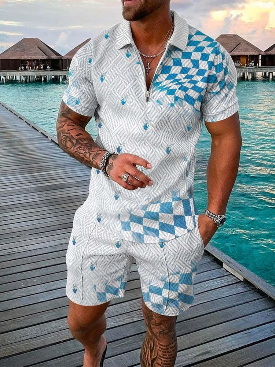 

2023 new men's fashion casual suit 3D printed zipper short-sleeved Polo shirt shorts 2-piece set