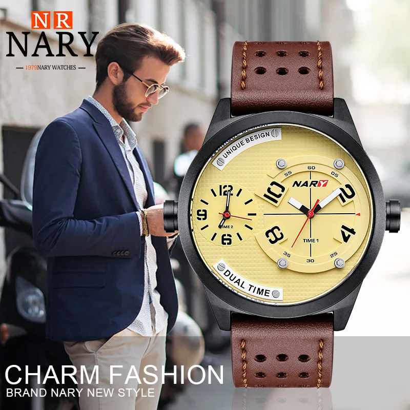 

Часы наручные NARY мужские с кожаным ремешком, модные спортивные водонепроницаемые деловые кварцевые, с шестью контактами, 8015