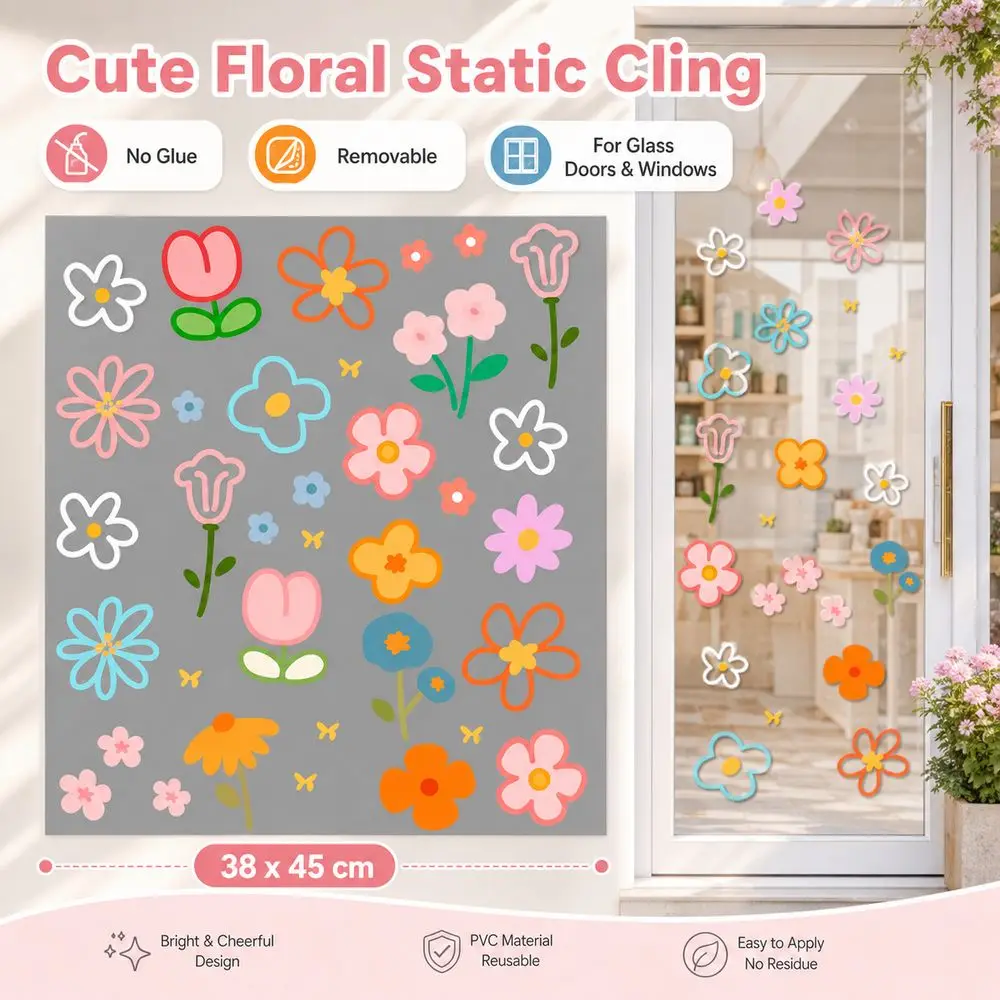 Фото Съемная самоклеящаяся статическая наклейка на стеклянную дверь из ПВХ с цветочным узором, водонепроницаемая, 38x45 см, для витрин магазинов №5