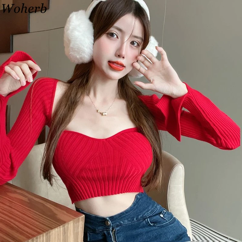 Вязаные женские футболки с разрезом винтажные укороченные топы Y2k повседневная