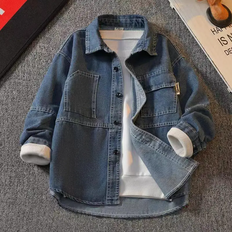 

Boys Denim Shirt Solid Color Kids Spring Autumn Turn-down Collar Clothes Teenager Boys Jean Jacket Children Tops 5-14 Years