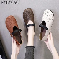 spring autumn slip on women shoes hollow breathable leather moccasins flats shoes female handmade hook loop black brown casual