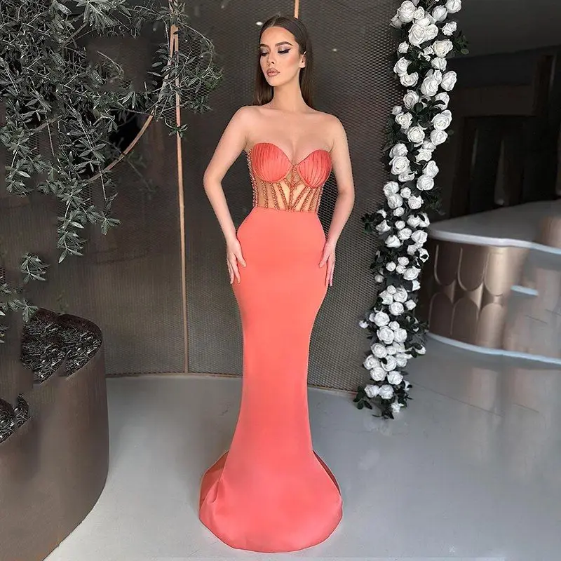 

Kadisua Strapless Mermaid Evening Dress فساتين نسائيه سهره Sleeveless Floor Length Beaded Illusion Satin Vestido De Gala