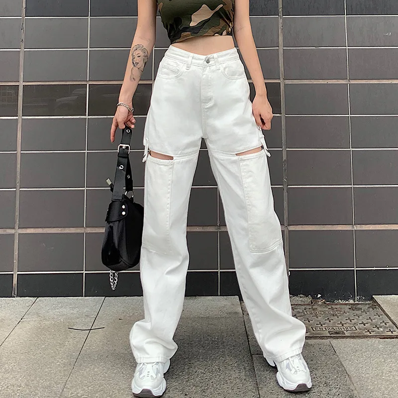 

Women Vintage Boyfriend Style High Waist Mom Wide Leg Jeans Ripped Straight Jean Plus Size Hollow Out Denim Pants Street Trouser