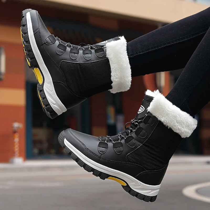 Winter Women's Snow Boots Thickened Plush Warm Anti-skid Hiking Ski Mid-calf Shoes Wearable Outdoor work Boot Large Size 36-42