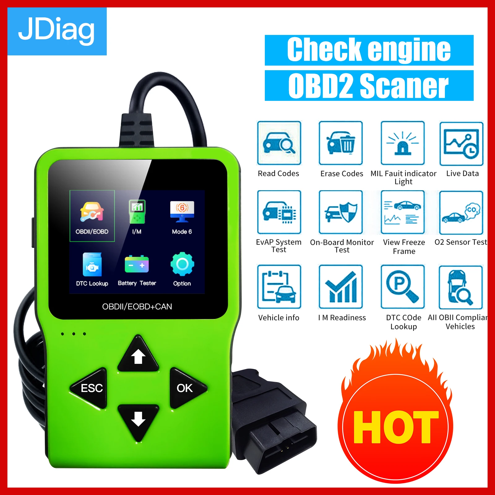 

Сканер JDiag JD317 OBD2, профессиональный автомобильный диагностический прибор, считыватель кодов с поддержкой испанского языка OBD II EOBD, pk ELM327