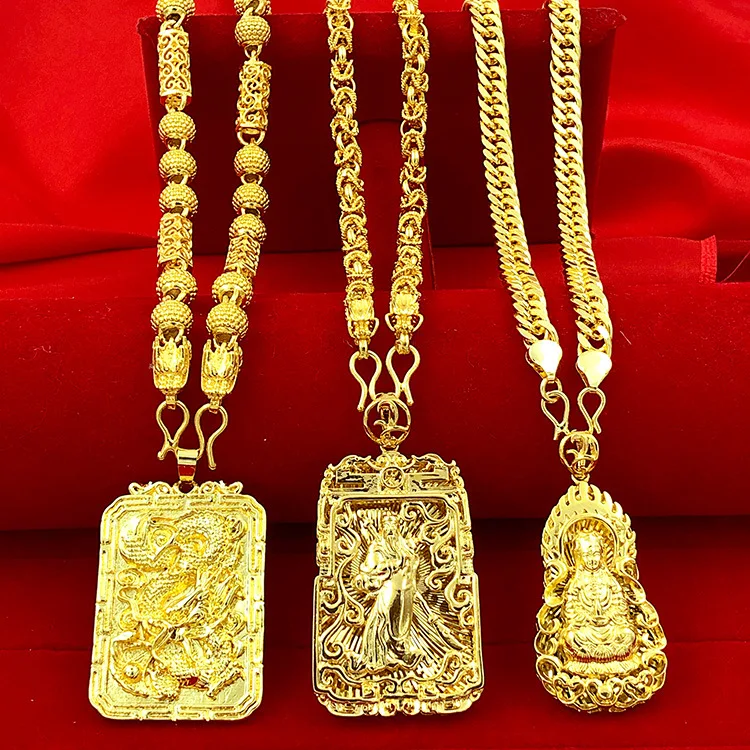 18k Yellow Gold Necklace for Women Men Hollow Guanyin Golden Dragon Pendant Necklace Wedding Engagement Not Fade Jewelry Gift