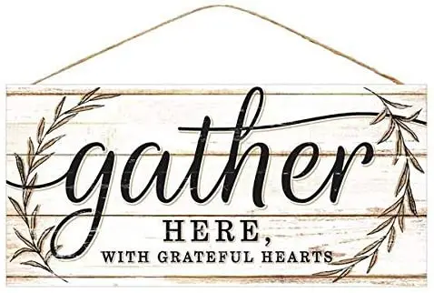 

Gather with Grateful Hearts Sign - 12.5" x 6", White Wooden Front Door Decor, Thanksgiving, Christmas, Wreath, Vintage Family