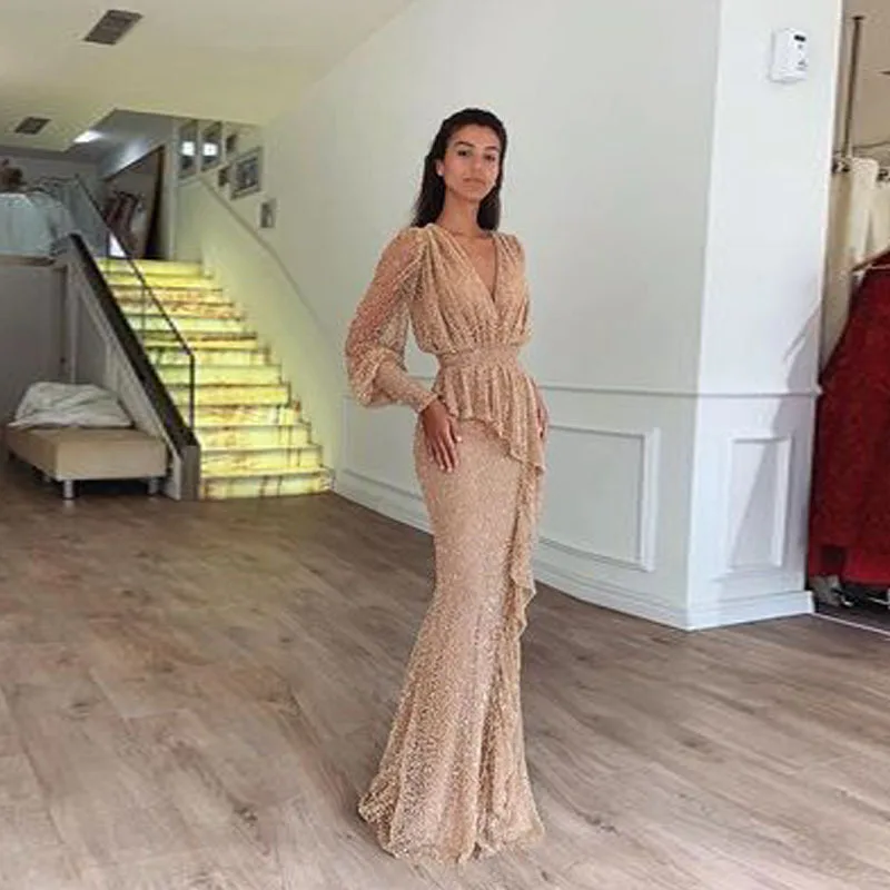 Women's Wedding Party Dress Sexy Deep V-neck Lantern Sleeve Slim Long Skirt Lace See Through Sleeves Prom Maxi Dresses for Women