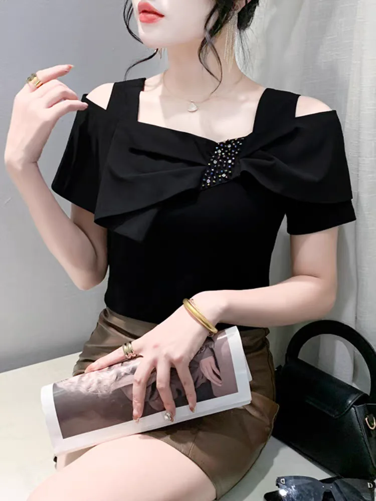 Женская хлопковая Футболка с бантом летний топ открытыми плечами и вырезом