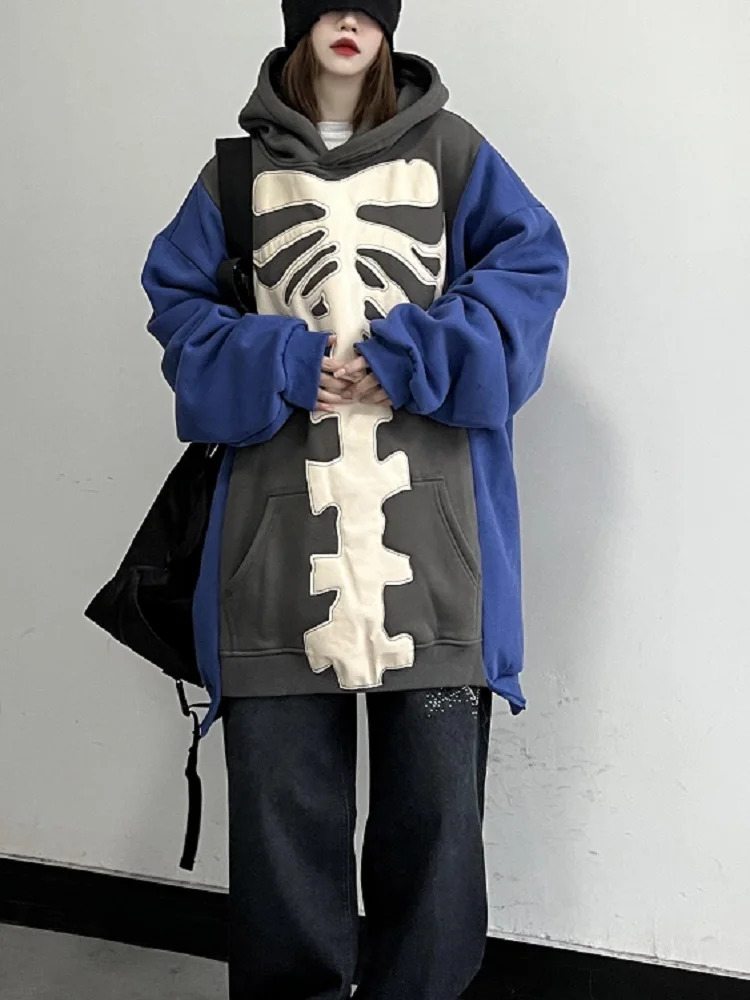 Deeptown Gothicr Skeleton Hoodie Balck Oversize Sweater Cardigan Women Harajuku Hippie Blue Thick Jumper Female Mall Goth Tops