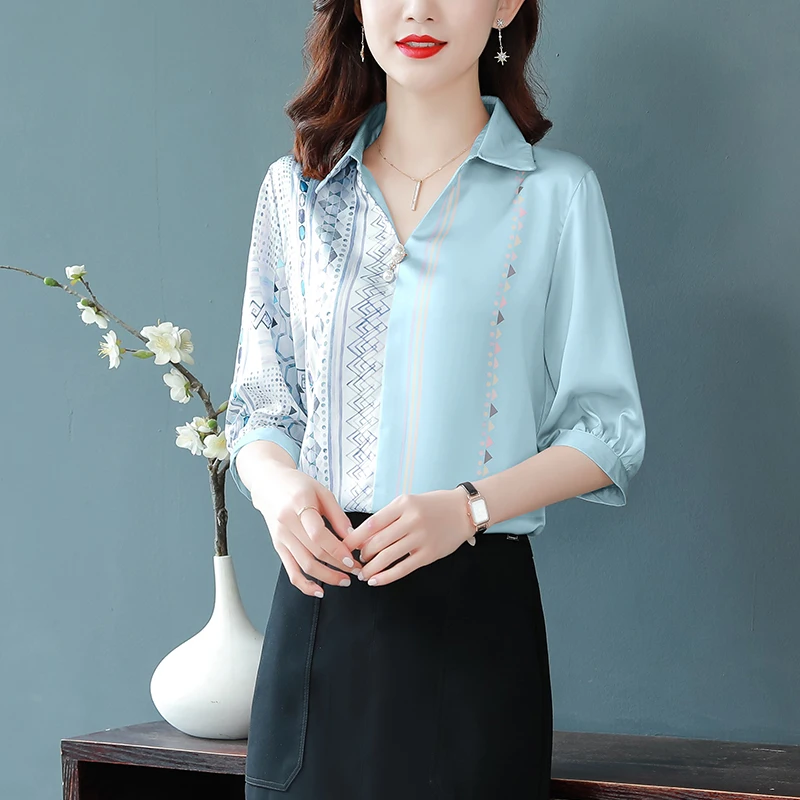 

Summer Women's Blouse Middle Sleeve Top Korean Fashion Poplin Casual Solid Color Loose Lapel Shirt Houthion