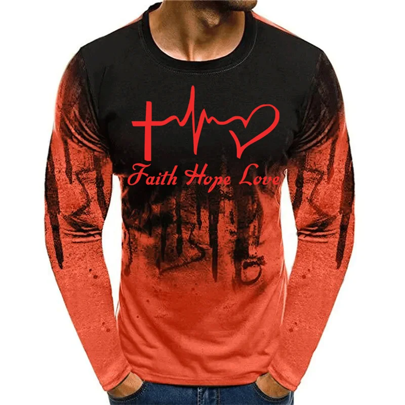 Faith Hope Love Painting Pattern T-Shirt For Men Fashion 3D Printed T Shirts Autumn Casual Loose O-Neck Tops Tees Long Sleeves
