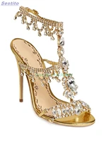 crystal diamante fringe sandals t shape shiny stiletto high heel bohemian ethnic style ankle buckle gold solid color women shoes