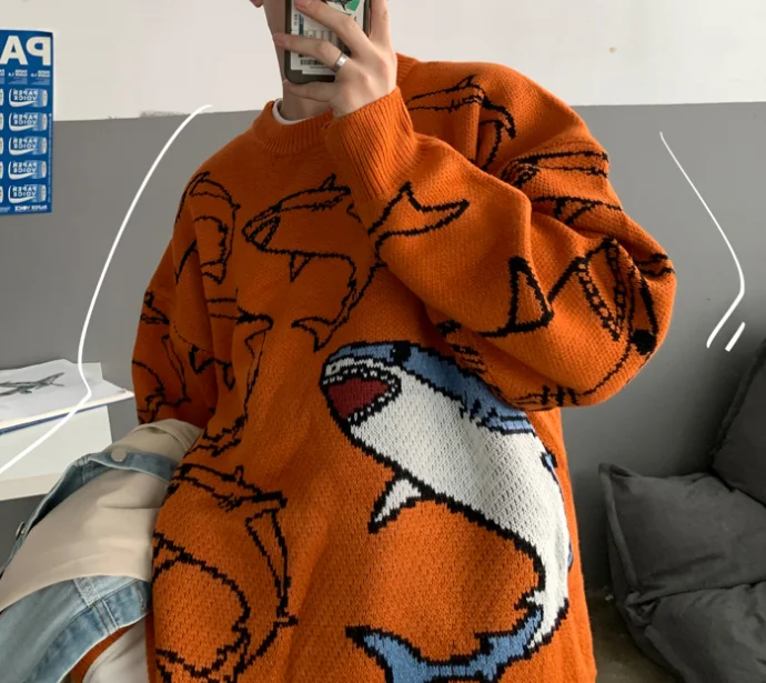 Harajuku Sweater Men Fashion Knitted Hip Hop Streetwear Cute Dinosaur Cartoon Pullover O-neck Oversizes Casual Sweaters Male New