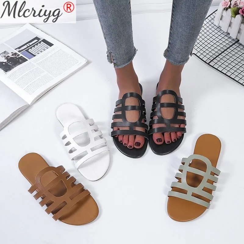 

2021 Fashion Color Striped Women Patchwork Mules Shoes Runway Open Toe Summer Slippers Ladies Sandals Slides Flats Plus Size 43