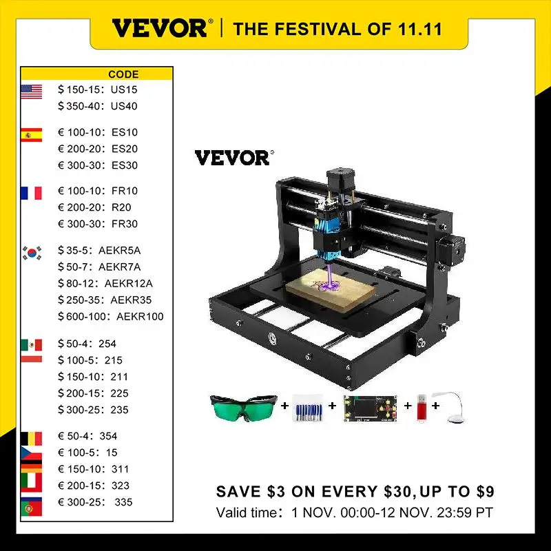 

VEVOR CNC 3020 Router Laser Engraving Machine Kit w/ 5500mw Laser Engraver Offline Controller GRBL Control Wood Milling Machine