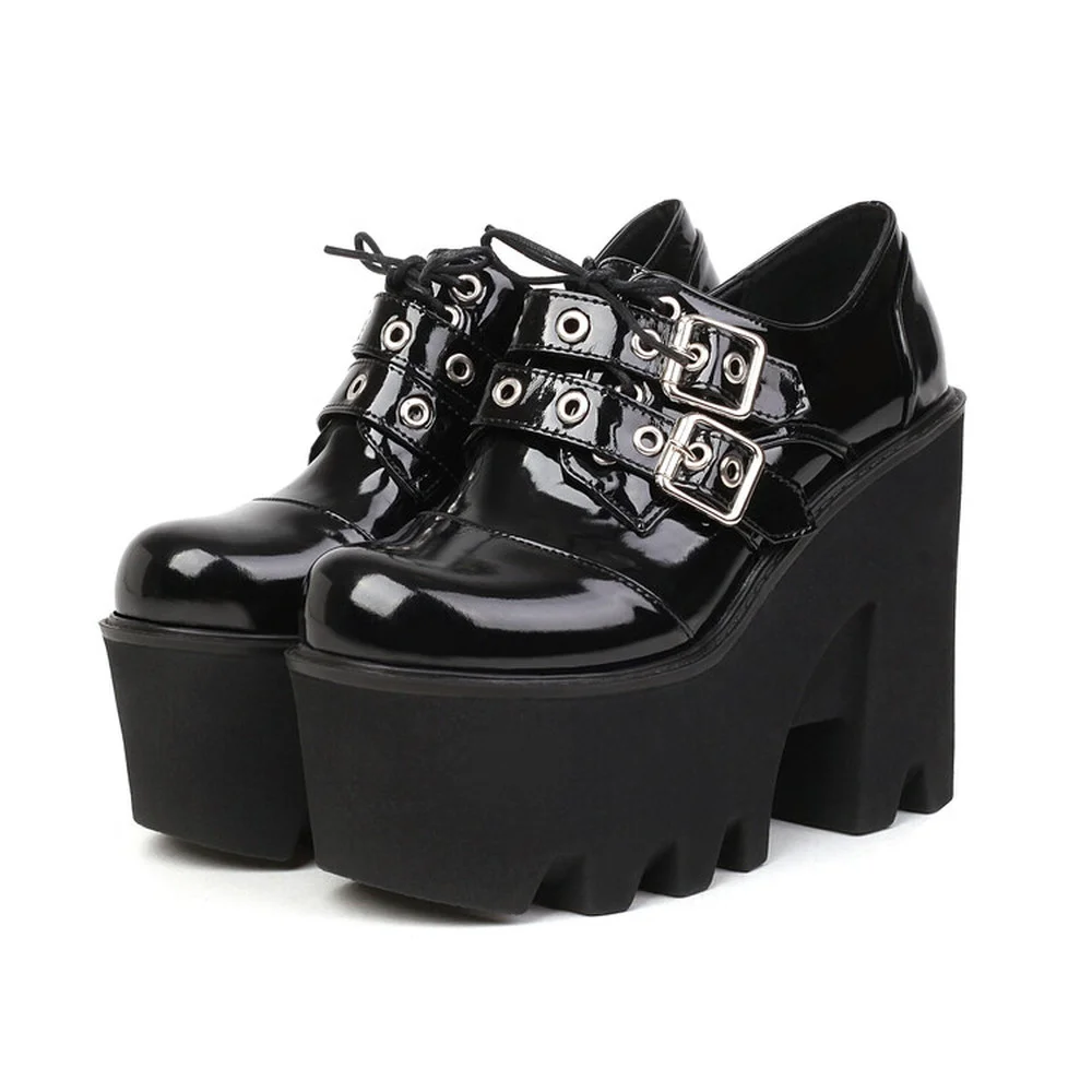 

Womens Platform Belt Buckle Chunky Super High Heel Shoes Oxfords Creepers Japanese Harajuku Dark Punk Sexy Motorcycle 2022New
