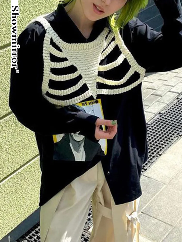 

Женский трикотажный топ Showmirror в стиле Харадзюку, Модные дышащие пуловеры в стиле скелета, милые укороченные футболки без рукавов, Y2K