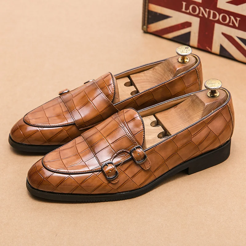

New Men Monk Loafers PU Solid Color Round Toe Double Buckle Stone Pattern Fashion Business Casual Party Daily Dress Shoes