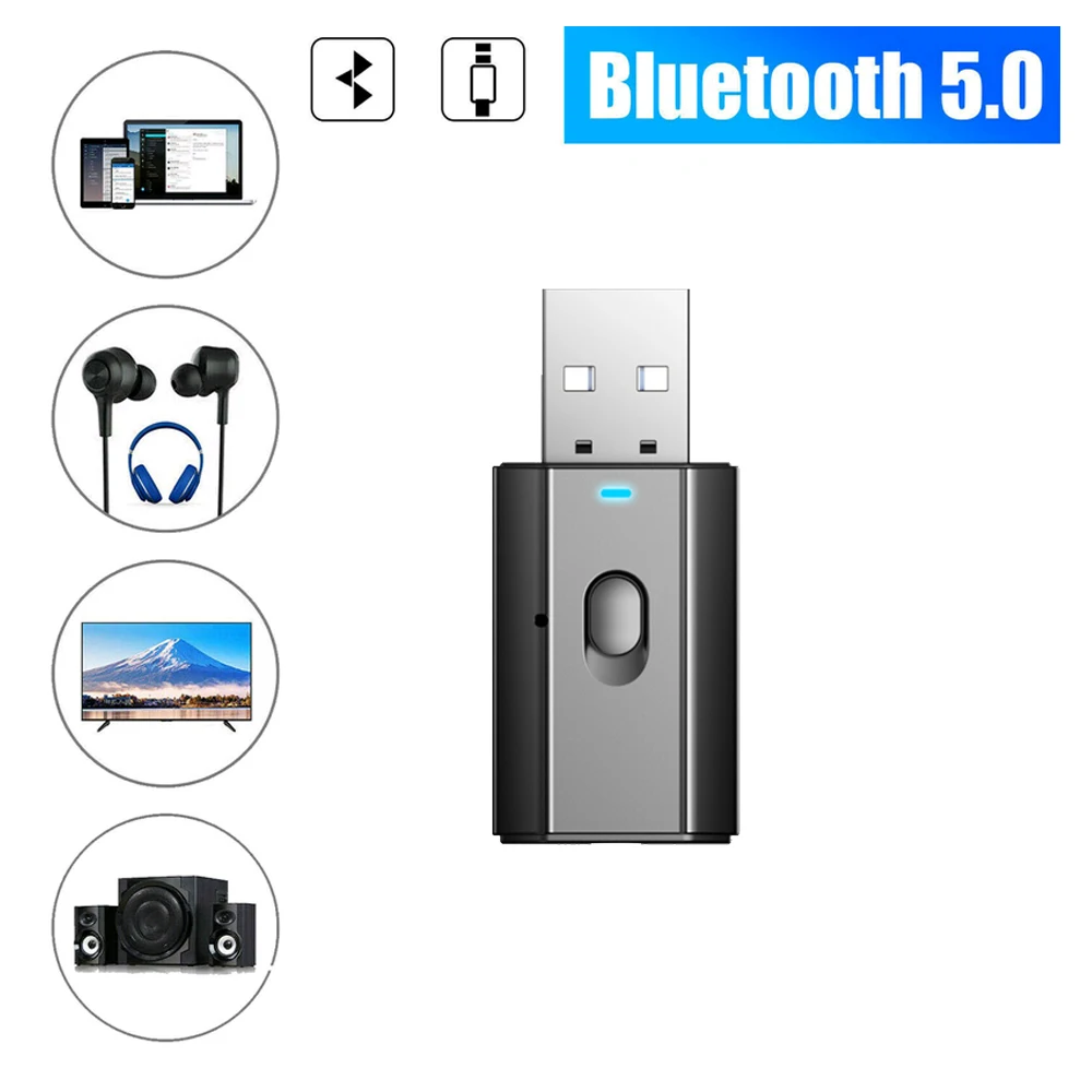 

USB Bluetooth 5.0 Transmitter Receiver Wireless Audio Adapter Dongle 3.5mm AUX Jack & Mic Handsfree Call for TV PC Game Car
