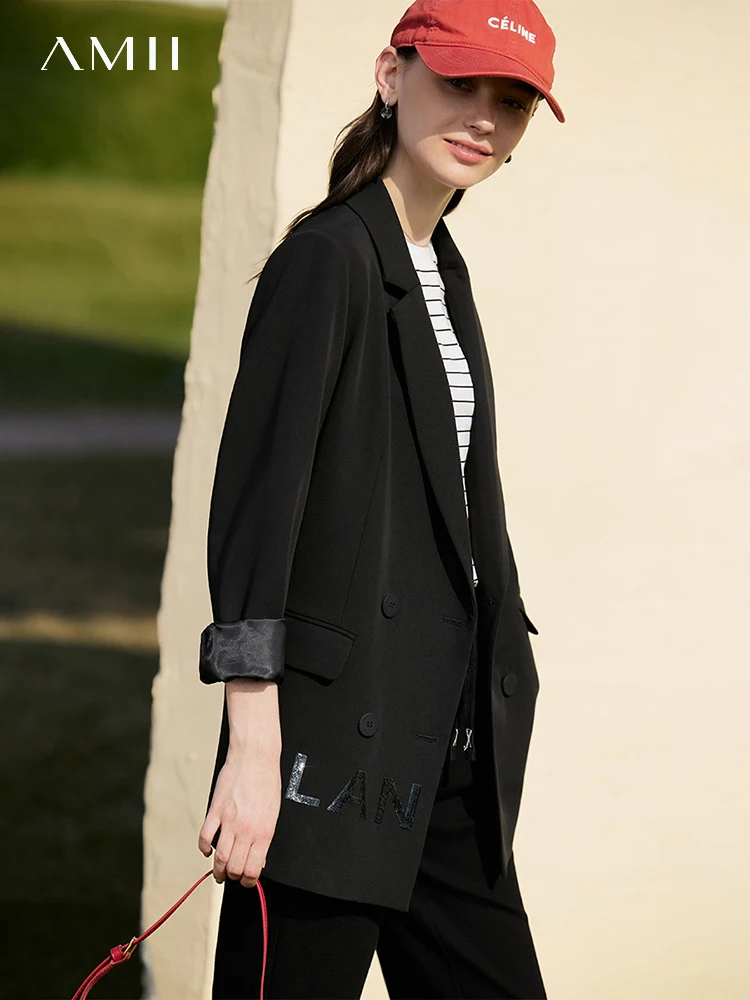 

AMII Minimalism Blazer for Women Letter Sequin Embroidery 2023 Summer New Versatile Chic Women's Jacket Female Clothing 72351001