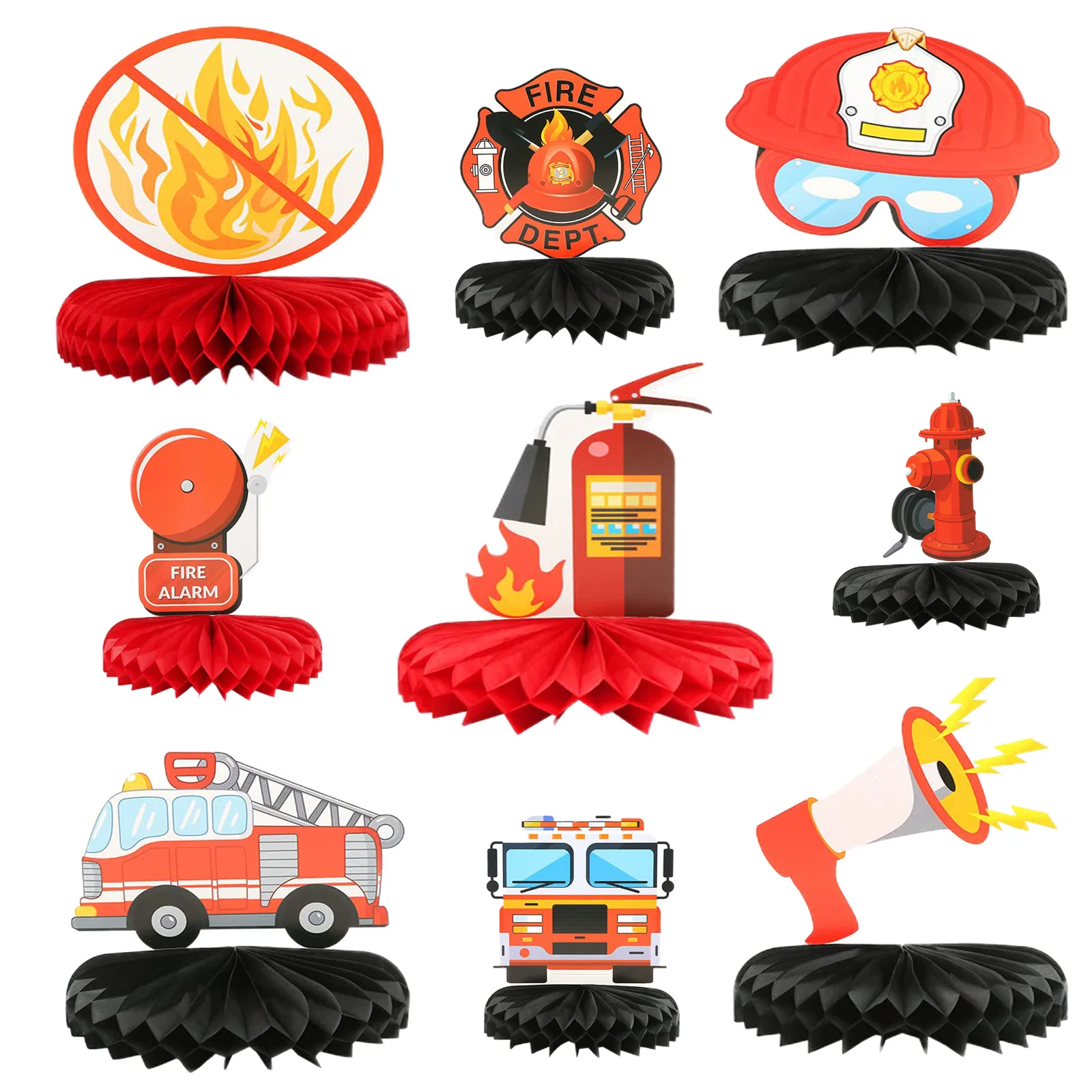 

9Pcs/Set Fireman Birthday Party Supplies Firetruck Honeycomb Centerpieces Fire Hat Extinguisher Sam Fireman Party Decorations