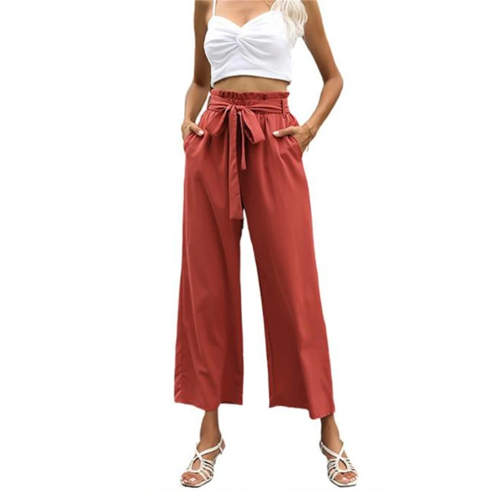 

High Waist Wide Leg Pants Cotton Boho Elastic Waist Sashes Summer Sweat Linen Pants Loose Long Bow Belt Solid Color Trouser