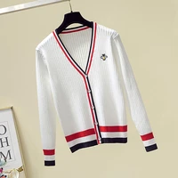 embroidery cardigan women sweater autumn korean style striped long sleeve top v neck knit coat woman sweaters sueters de mujer