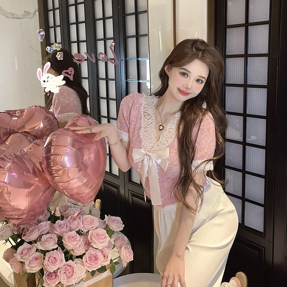 Женский трикотажный свитер с бантом Летний джемпер длинным рукавом и кружевом 2024