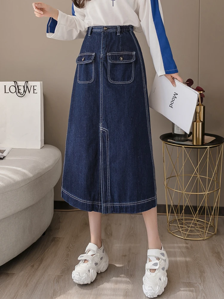 

LY VAREY LIN New Spring Summer Pockets Denim Skirts Women Vintage A-line Solid Color Skirts Lady Casual High Waist Skirts
