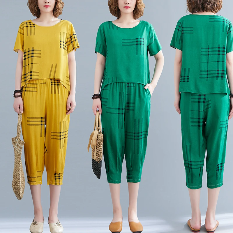 Летний свободный комплект из 2 предметов для женщин среднего возраста хлопковый