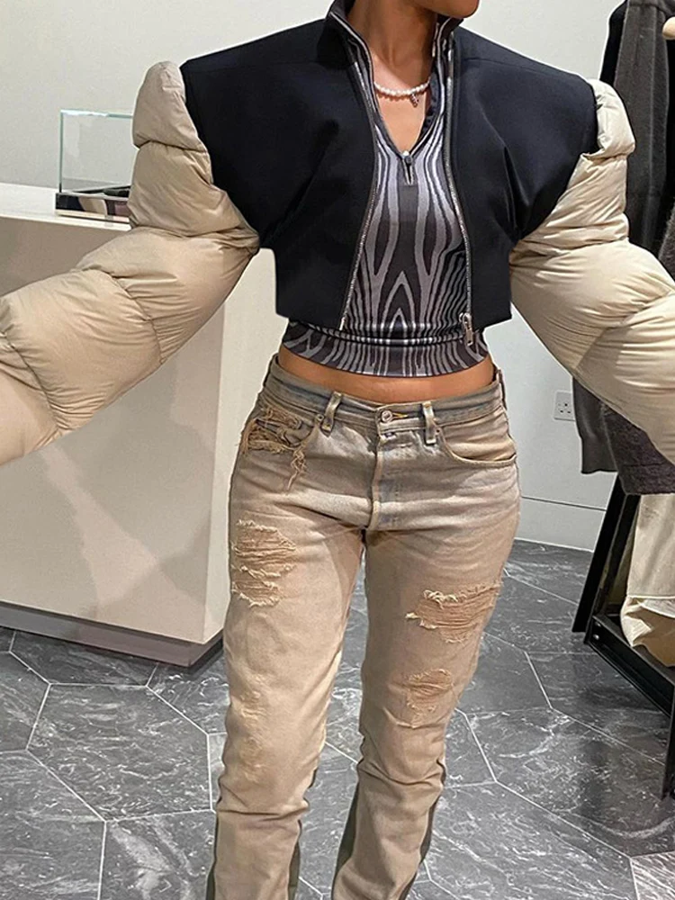 Women Patchwork Cropped Parkas Long Sleeve Zipper Female Cotton Puffer Padded Jackets Streetwear Outwear Coat 2022 Winter