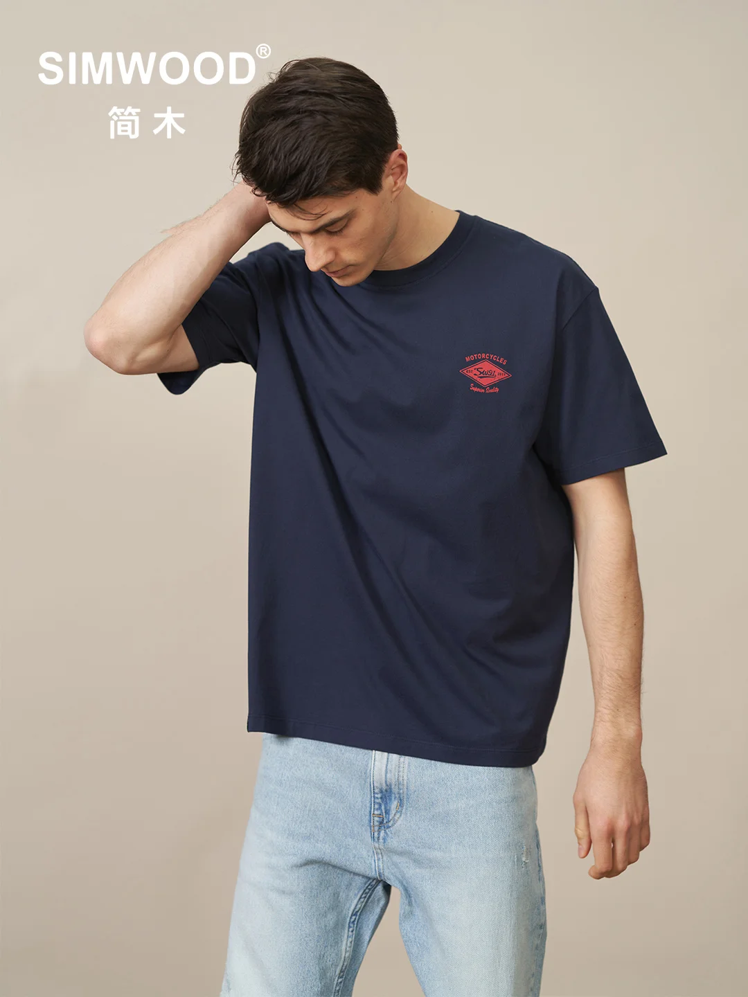 

SIMWOOD 2023 Spring Summer New Men's 240g T-shitrt Back Printing Cotton O-neck Short Sleeves Top T-shirts SL120045