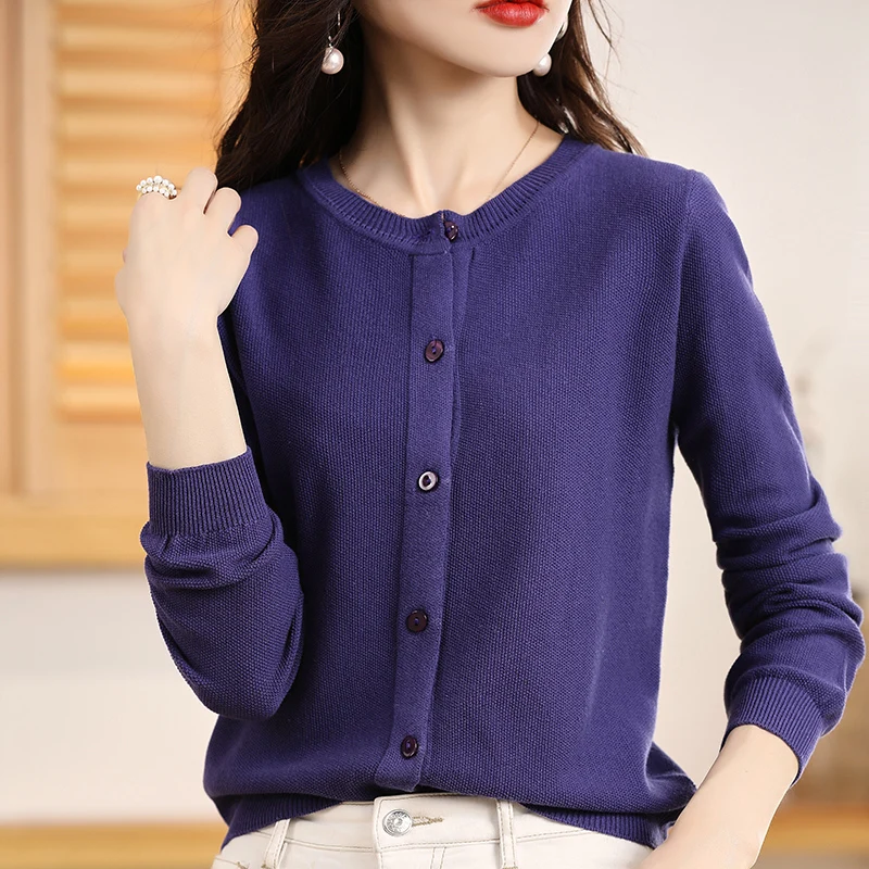 

2022 Pure Cotton Thread Long-Sleeved Knitted Cardigan Women's Short Coat Sweater Round Neck Loose Hot Style Autumn And Winter