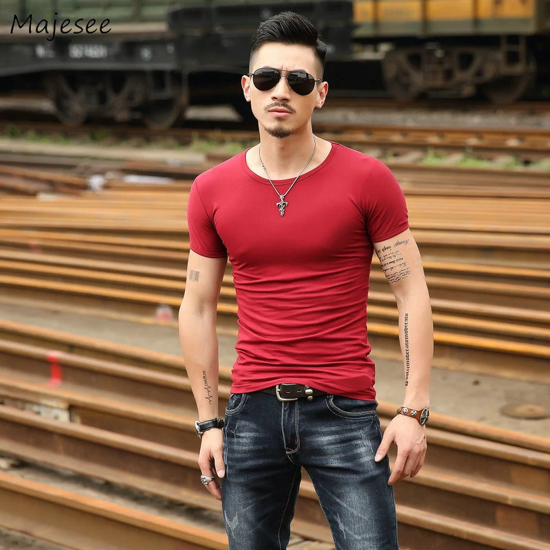 

Футболки мужские с коротким рукавом, базовые летние дышащие Универсальные однотонные простые аксессуары в Корейском стиле, подростковые д...