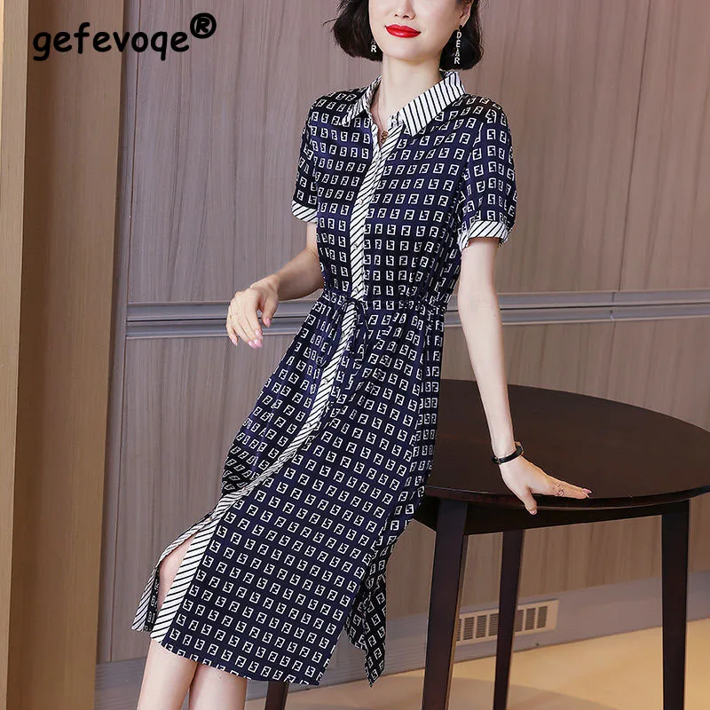 

Summer Fashion Printed Midi Dress for Women Korean Commute All-match Lacing Polo-Neck Single-breasted Dresses Female Clothing