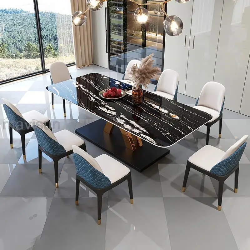 

Kitchen Rectangle Table Chair Combination Italian Household Furniture Board coffee Tabletop Stainless Steel Base Dining Table