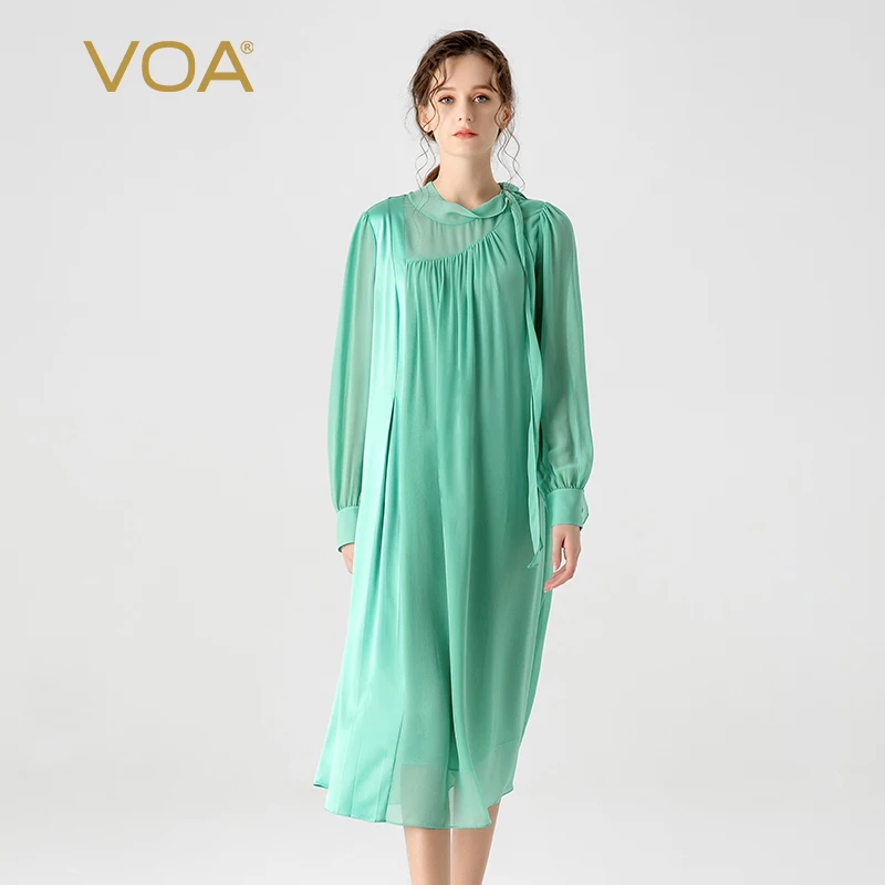

VOA Double Layer Silk Georgette Half High Collar Shirt Long Sleeve Ribbon Decorative Stitching Stretch Satin Silk Dress AE1903