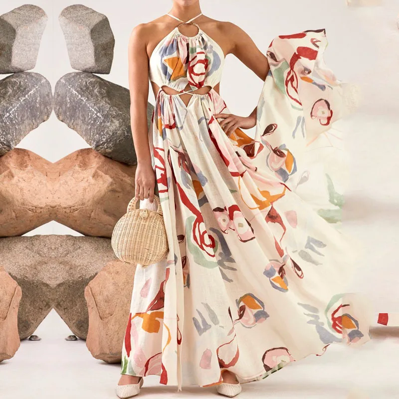 

Vintage Pattern Print Loose Hem Boho Dress Women Spring Cross Halter Hollow Out Party Dress Summer Off Shoulder Long Maxi Dress