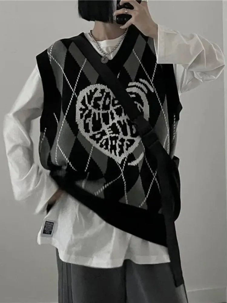

Deeptown Gothic Streetwear Black Plaid Knit Vest Women Harajuku Oversized Sweater Sleeveless V-neck Loose Graphic Tops Punk Y2K