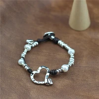 anslow 2022 new hot brand vintage retro wrap handmade diy silver plated heart unisex leather bracelet free shipping low0905lb