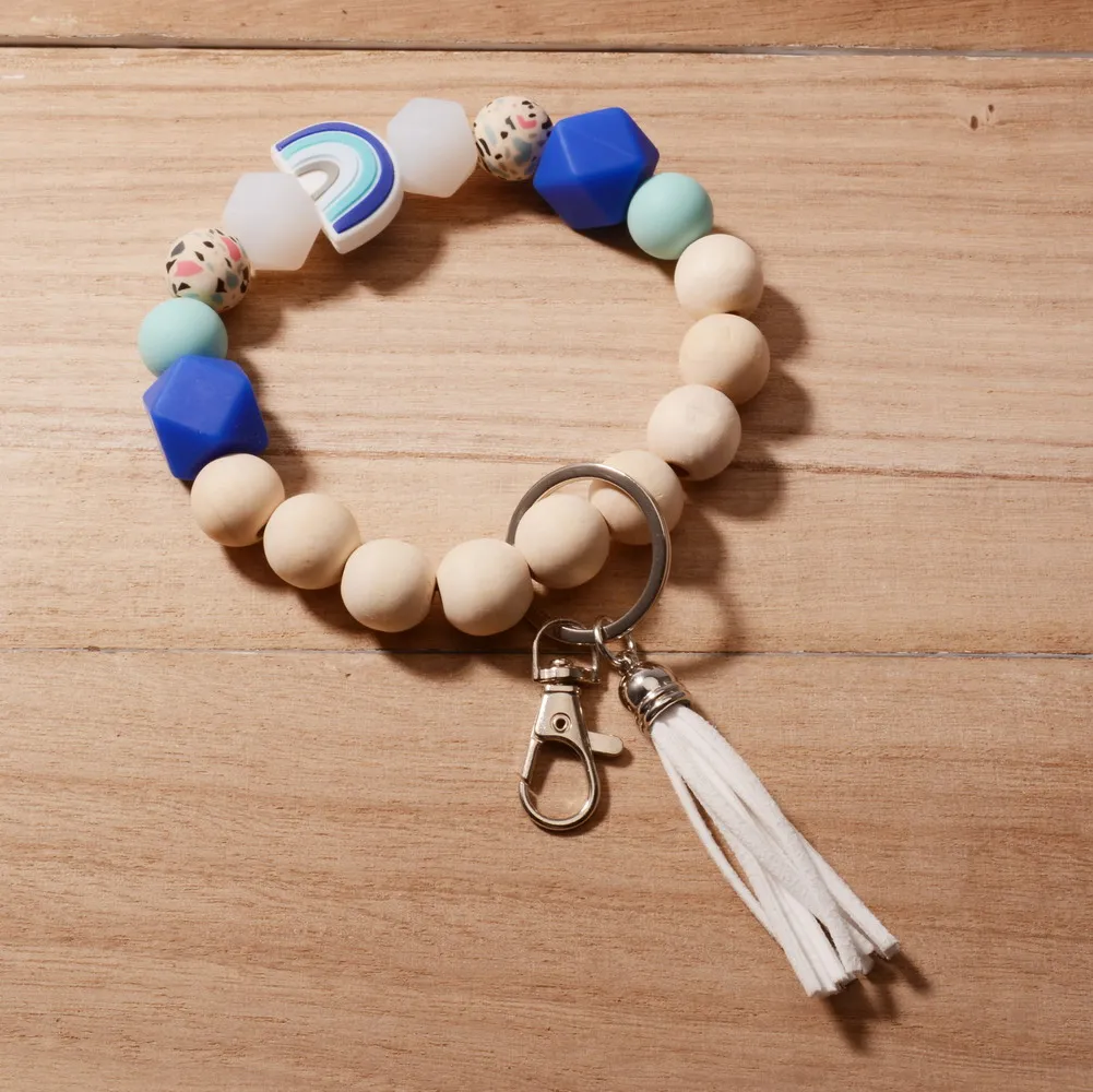 

Разноцветные радужные силиконовые бусины Rainbery, деревянные бусины, брелоки из замши, кисточки, брелоки для женщин и девочек JB0816