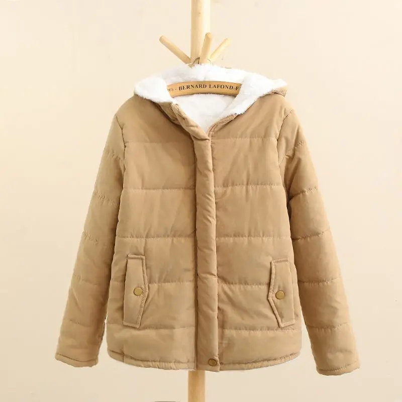 Japanese  2022 Winter Wear New Long Sleeve Hooded Solid Color  Short Warm Cotton Jacket Women's Cotton Jacket